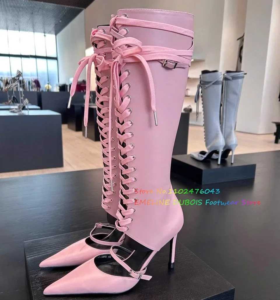 Up Toe Lace White Pointed Knee High Boot Women Summer New Sexy Hollow Strap Stiletto Heel Front Cross Tied Sandals H260609 - view 6