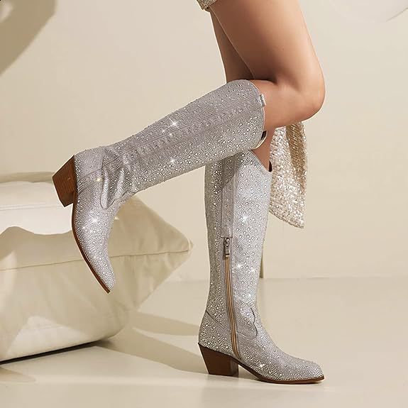 Embroidered Rivet Knee Boots 43 Rhinestone Pointy Women Boots Leather Car Stitching Chelsea Boot Fashion Show Shiny Boots 231225