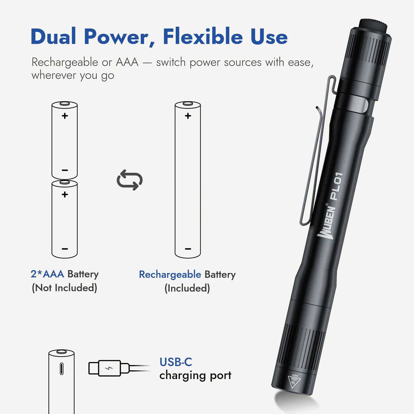 650 WUBEN PL01 Pen Light Lumens Pocket EDC Flashlight Rechargeable IP68 waterproof Compatible 2 AAA Battery for Home Outdoor M260609 - view 3