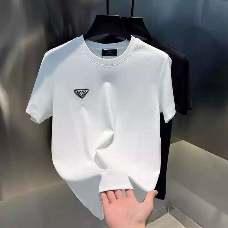 Luxury Brand Designer Clothes Light Luxury Pure Cotton Short-Sleeve T-Shirt With Triangular Metal Leather Badge On The Chest, European Style, 2026 Sum - view 5