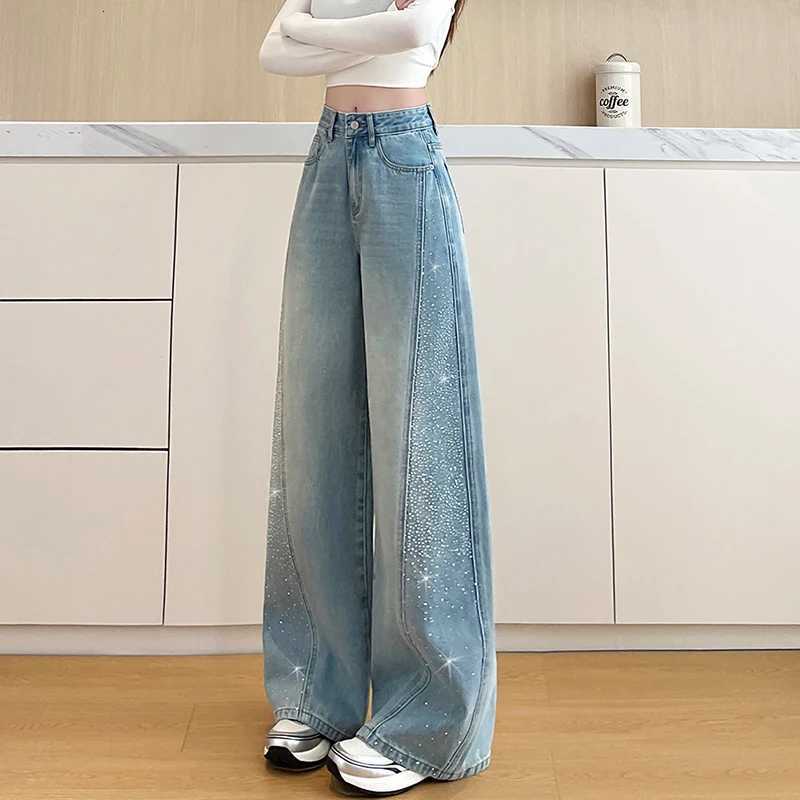 Waist High 2026 Wide New Leg Jeans For Women Vintage Wash Denim Pants with Rhinestone Side Straight Leg Baggy Trousers Casual M260609 - view 5