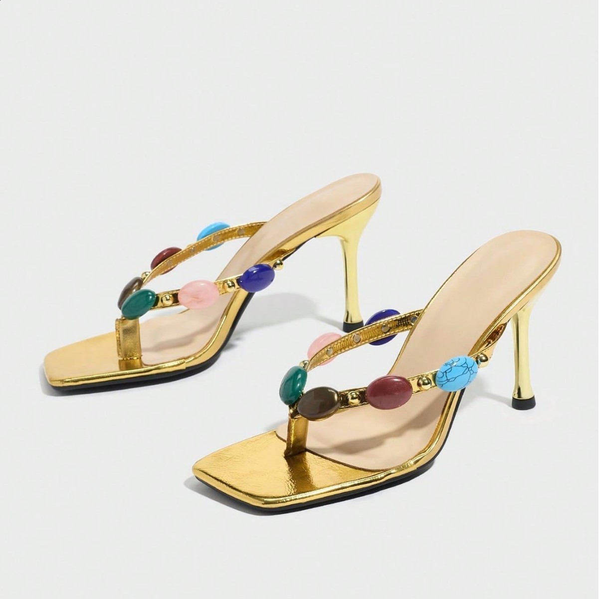 Large Jewel Decor High Heels Sandals for Women Fashion Party Square Toe Flip-Flops Brown Strange Heeled Party Shoes 250605