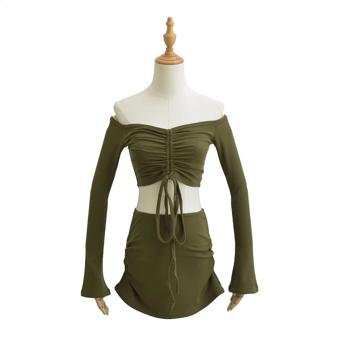 Hugcitar Women Matching 2 Piece Set Long Sleeve Drawstring Ruched Crop Top Mini Skirt Suit Co Ords Outfits Bodycon Sexy Party 250519