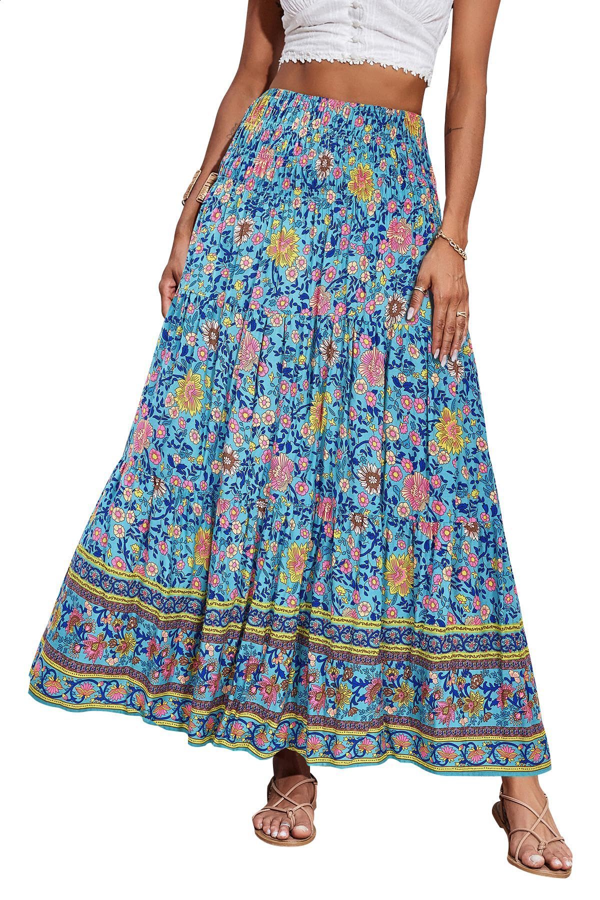 Fashion Women Beach Bohemian Pink Floral Print Skirt High Elastic Waist A-Line Boho Rayon Maxi Skirts Femme 240806