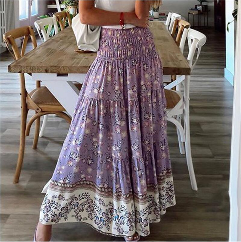Fashion Women Beach Bohemian Pink Floral Print Skirt High Elastic Waist A-Line Boho Rayon Maxi Skirts Femme 240806