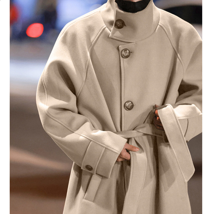Mens standing collar wool trench coat mens side button casual loose Korean high-end winter thick elegant fashion coat 241211