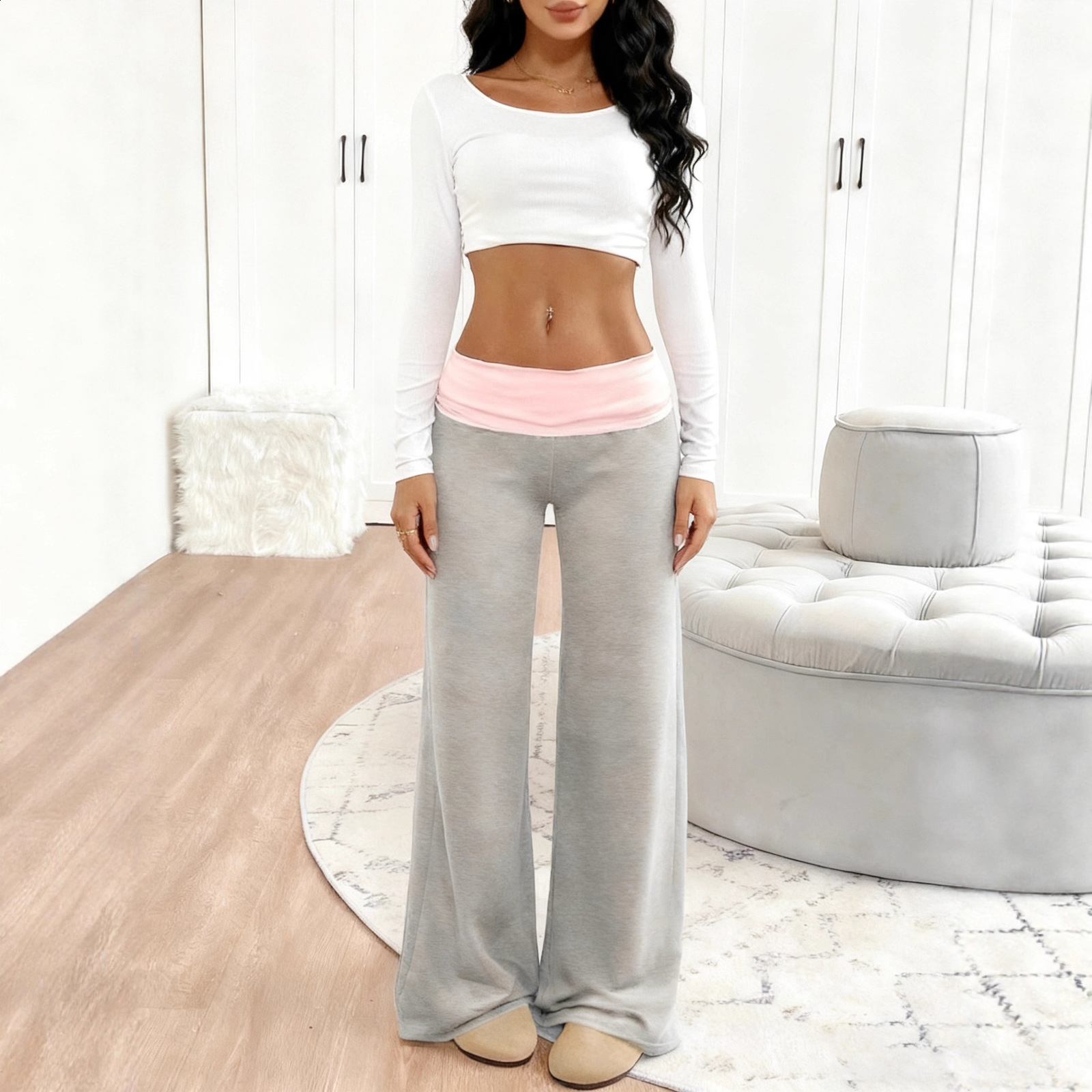 hirigin Y2K Fold Over Wide Leg Pants Preppy Women Patchwork Low Waist Trousers Female Casual Lounge Yoga Sweatpants 260316 - view 6