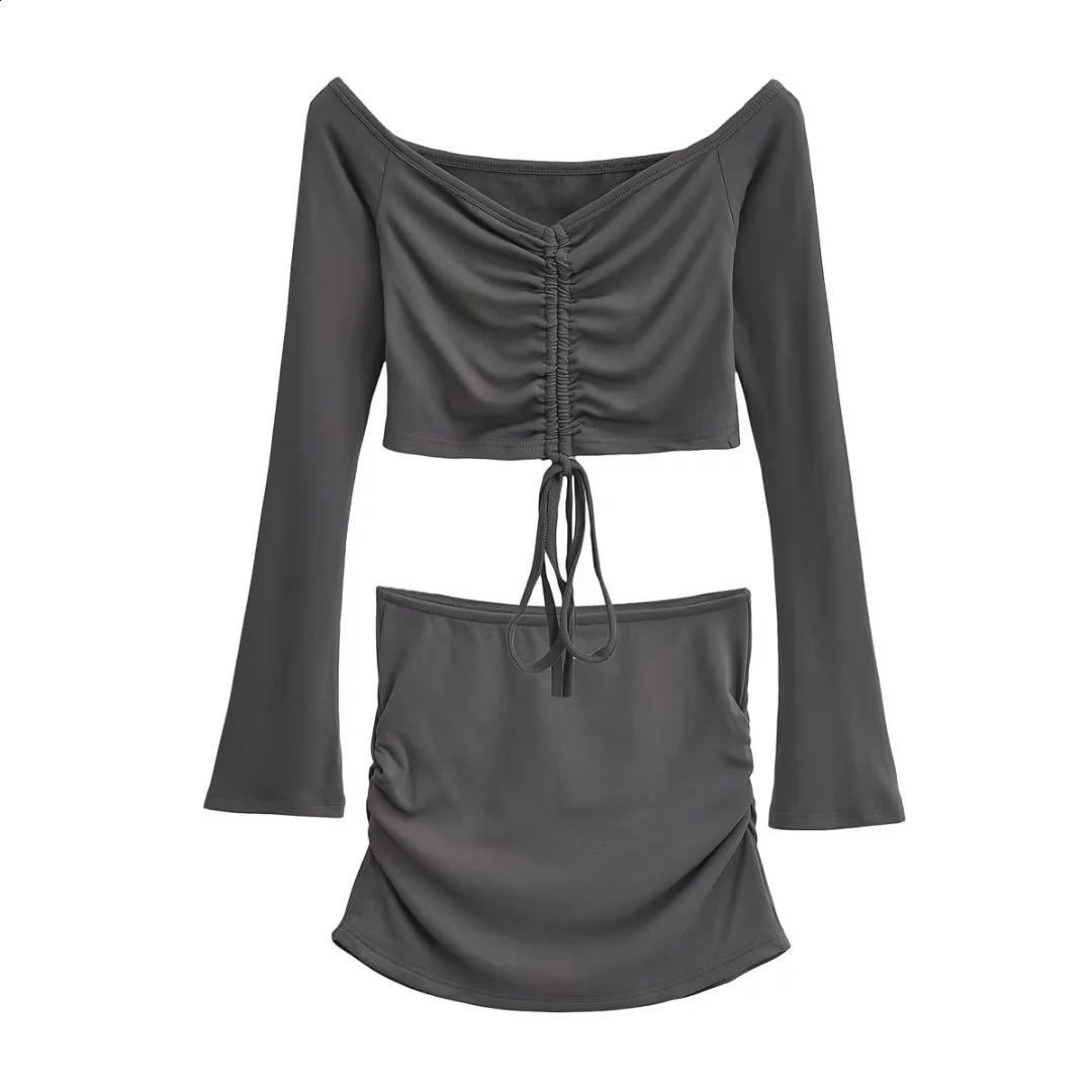 Hugcitar Women Matching 2 Piece Set Long Sleeve Drawstring Ruched Crop Top Mini Skirt Suit Co Ords Outfits Bodycon Sexy Party 250519