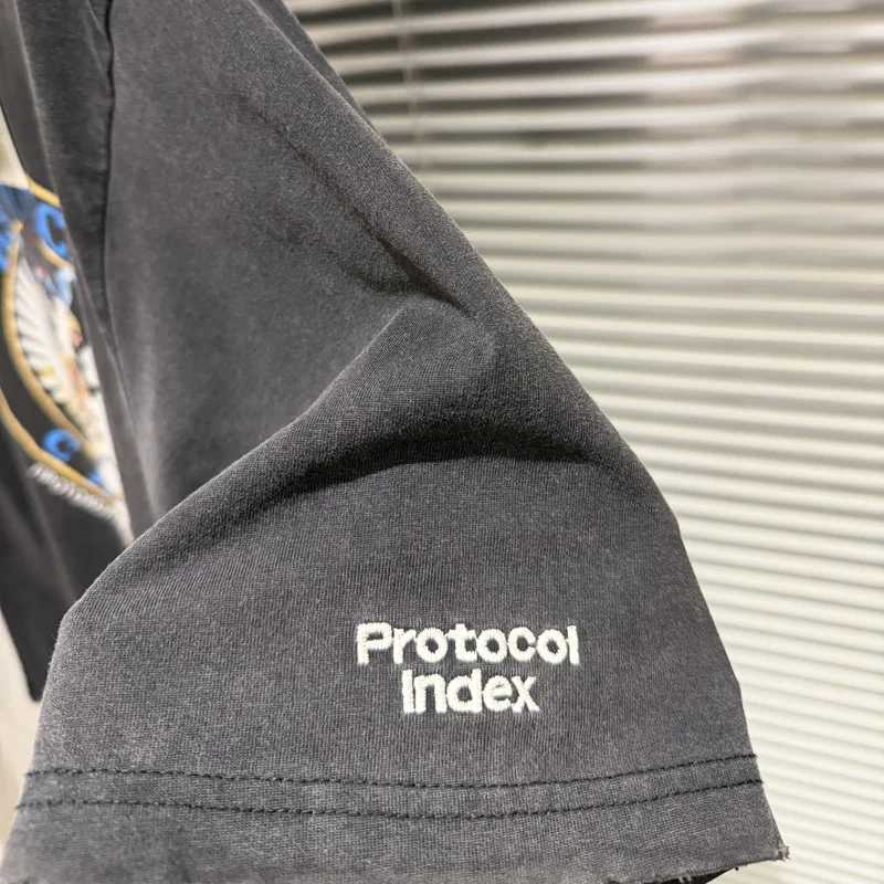 Retro Washed Black Protocol T-shirt Mens Womens American Style Street Hip Hop Letter Print Short Sleeved C260610 - view 6
