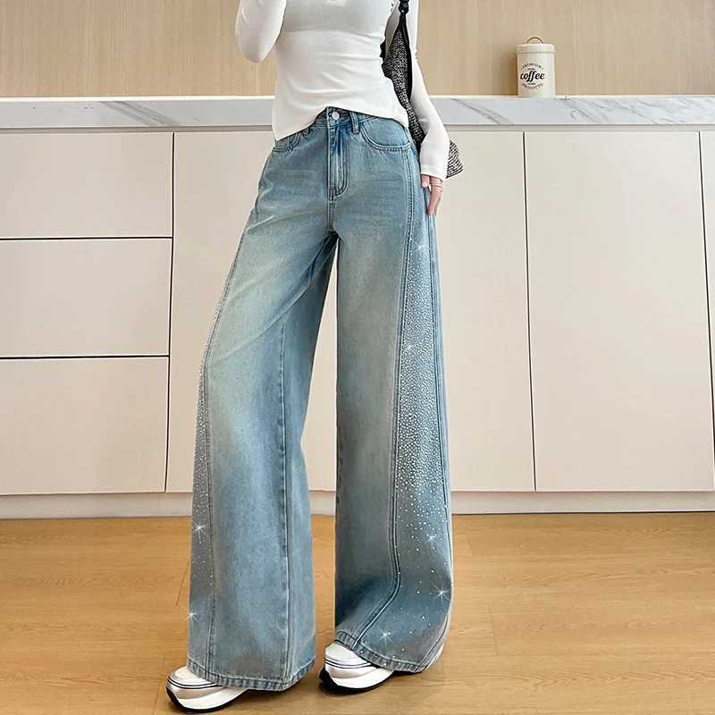 Waist High 2026 Wide New Leg Jeans For Women Vintage Wash Denim Pants with Rhinestone Side Straight Leg Baggy Trousers Casual M260609 - view 3
