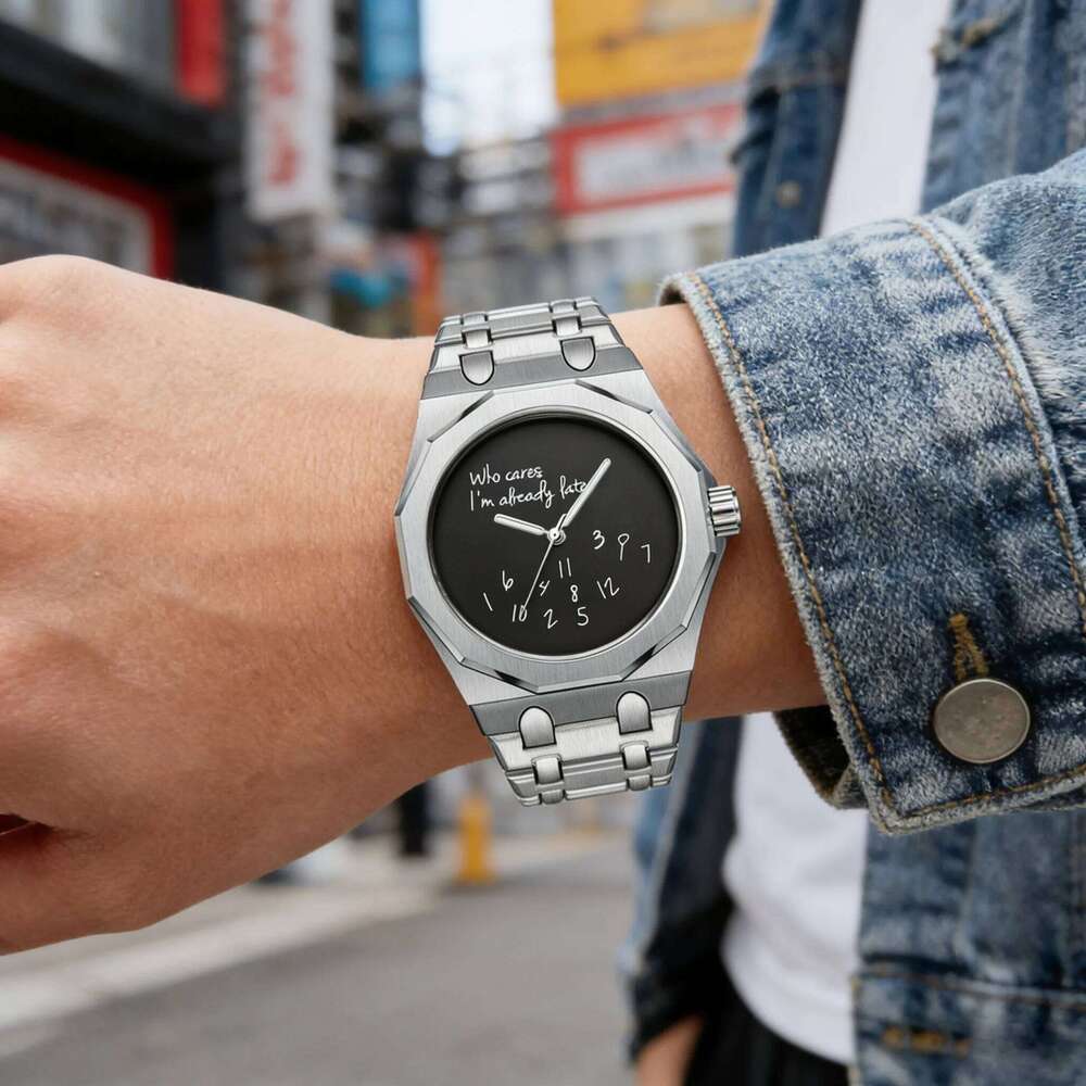 Minimalism Octagon Case Men Stainless Steel Band Waterproof Wristwatch "Who Cares I'm Already Late" Fun Slogan Dial Watch 26Y0610 - view 4