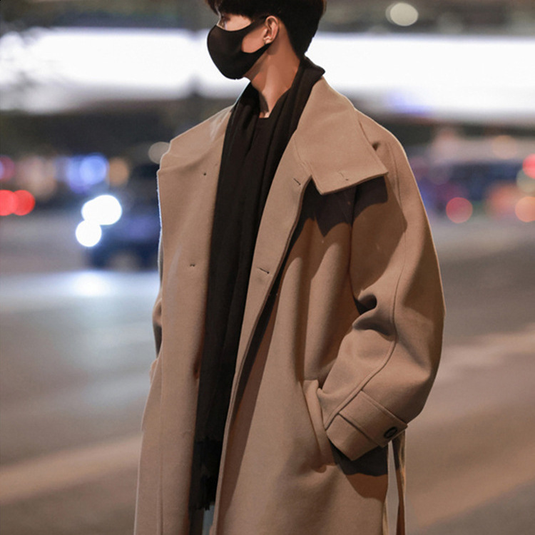 Mens standing collar wool trench coat mens side button casual loose Korean high-end winter thick elegant fashion coat 241211