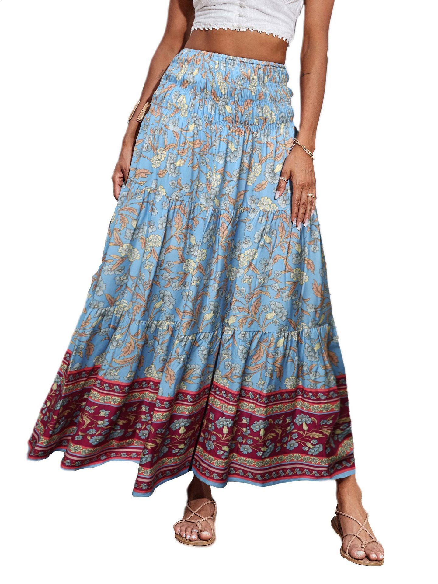 Fashion Women Beach Bohemian Pink Floral Print Skirt High Elastic Waist A-Line Boho Rayon Maxi Skirts Femme 240806
