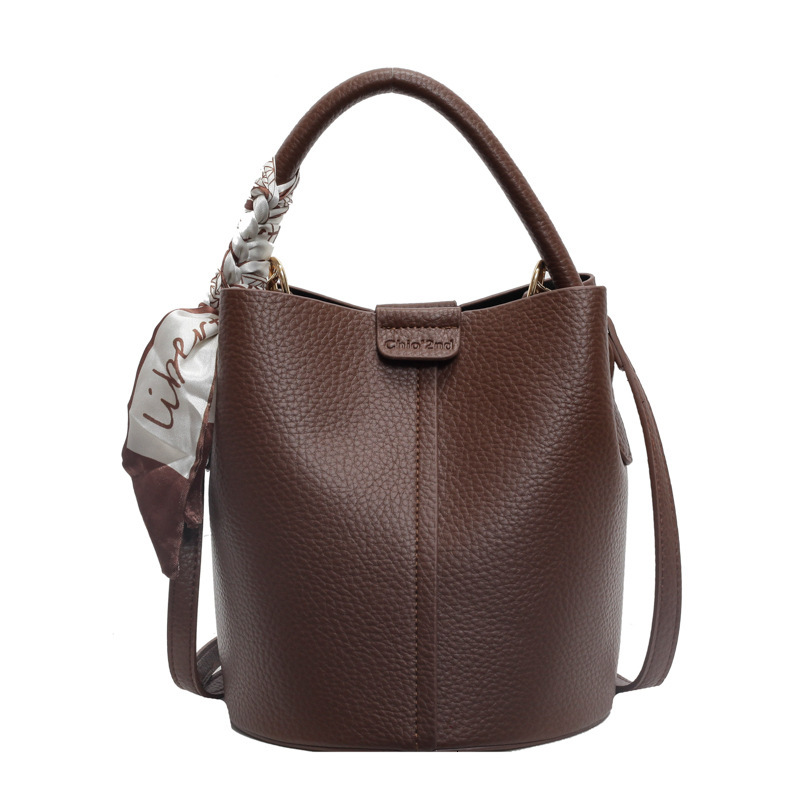 Brown Faux Leather Bucket Bag With Top Handle And Detachable Strap Includes Silk Scarf Accent - view 6