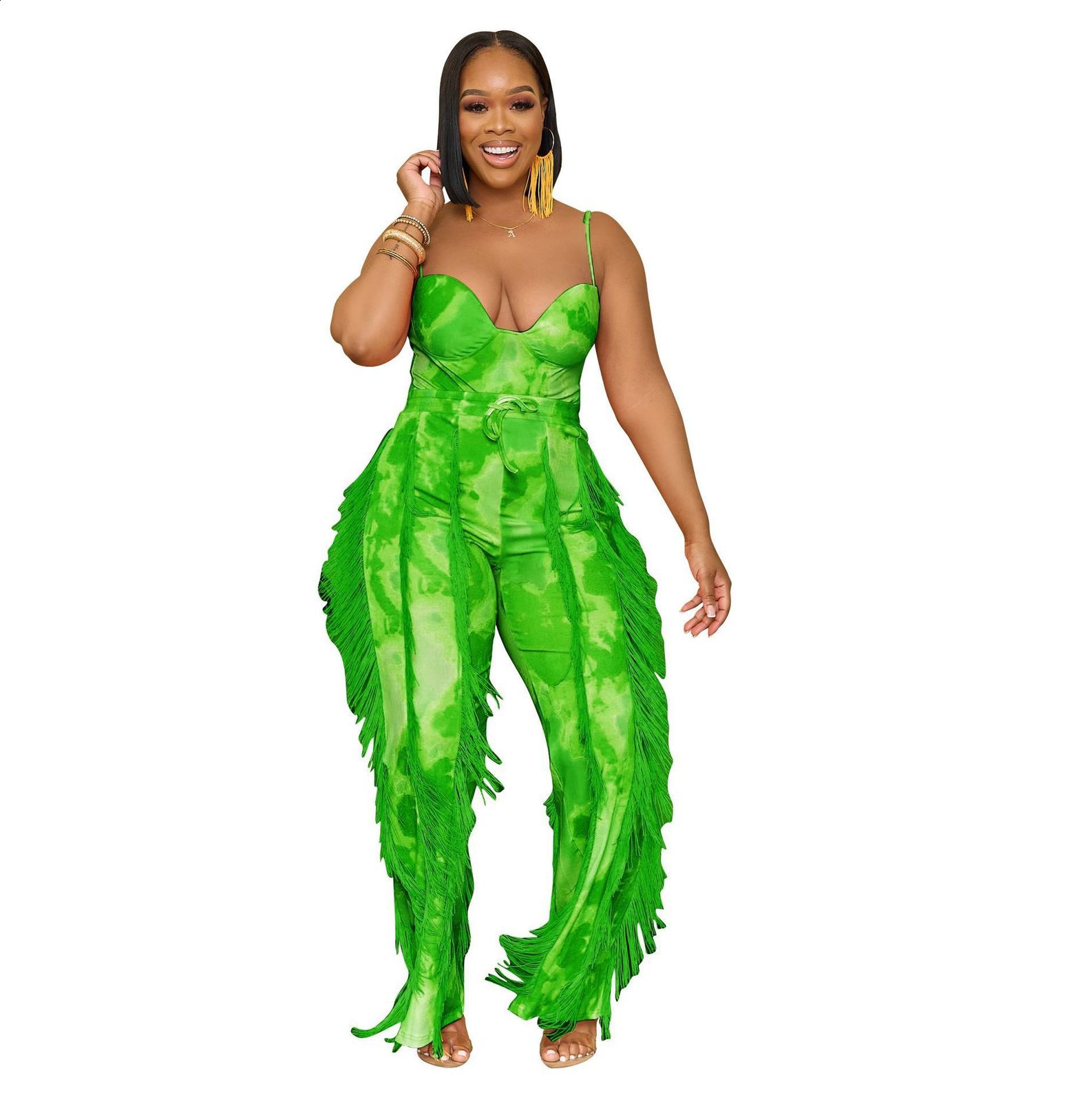 AL247 Womens Outfit Printed Tassel Lace Strap Jumpsuit Two-Piece Set with Slight Flare 241007