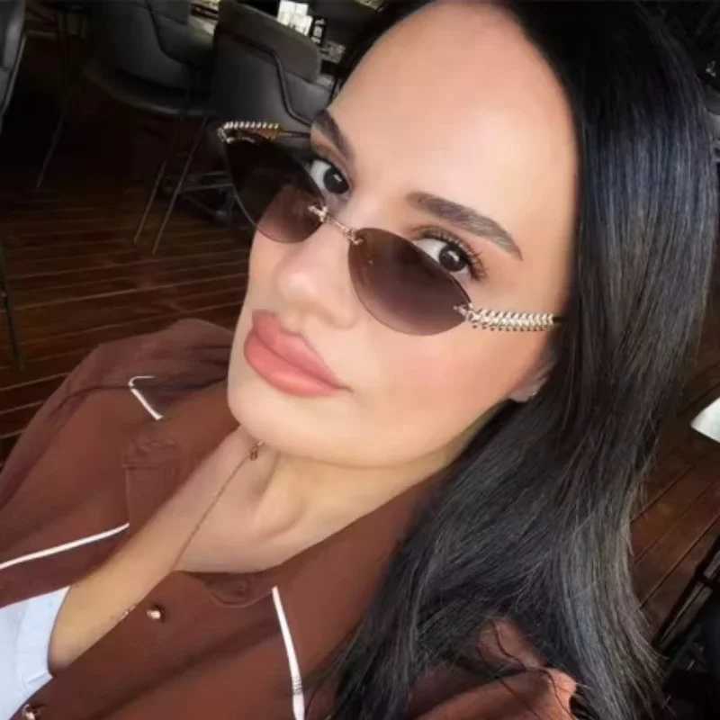 Cat Eye Rivet Rimless Sunglasses Women Luxury Fashion Brand Oval Narrow Sun Glasses Shades Trendy Elegant Unique Eyewear C260609 - view 5