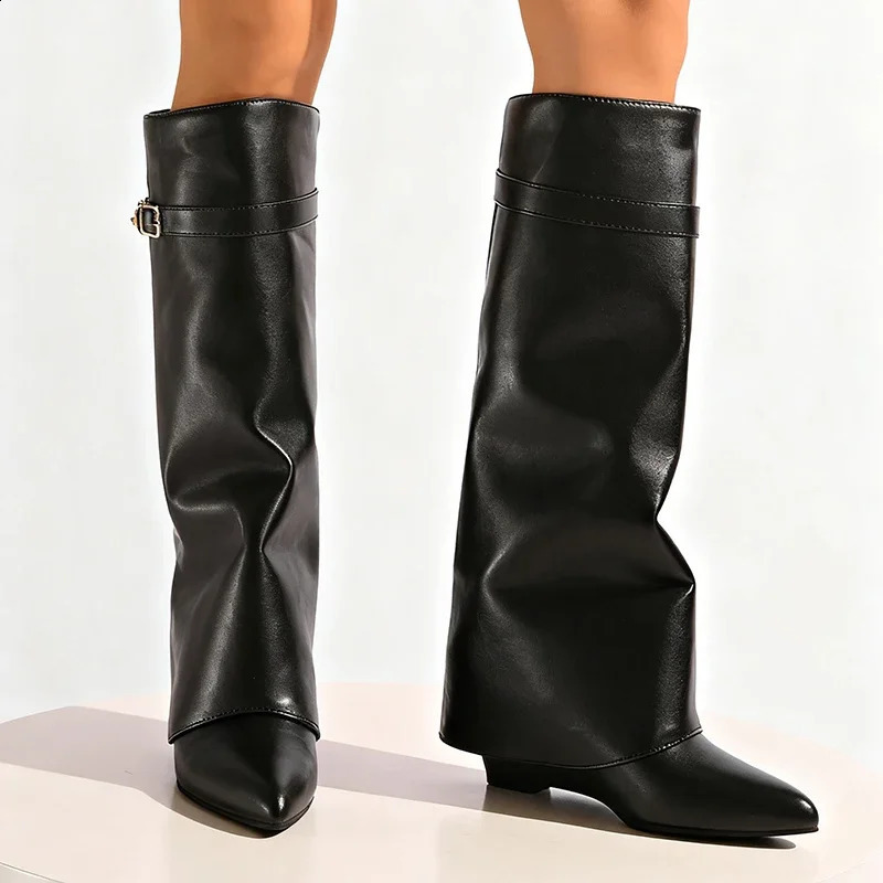 Black Pu Leather Knee High Boots Women Sexy Pointed Toe Straight Leg Boots Woman Punk Style Wedge High Heels Long Botas Mujer 260610 - view 3