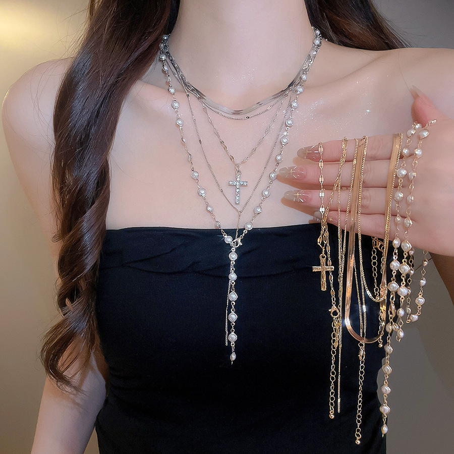 European American cross-border cross pendant multi-layer pearl necklace, unique design, niche clavicle chain, sweet and cool style, versatile choker - view 3