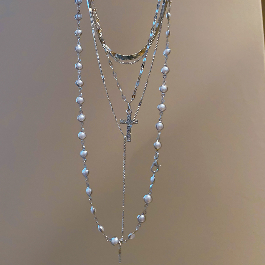 European American cross-border cross pendant multi-layer pearl necklace, unique design, niche clavicle chain, sweet and cool style, versatile choker - view 8