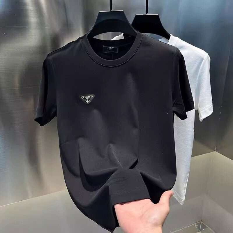 Luxury Brand Designer Clothes Light Luxury Pure Cotton Short-Sleeve T-Shirt With Triangular Metal Leather Badge On The Chest, European Style, 2026 Sum - view 4