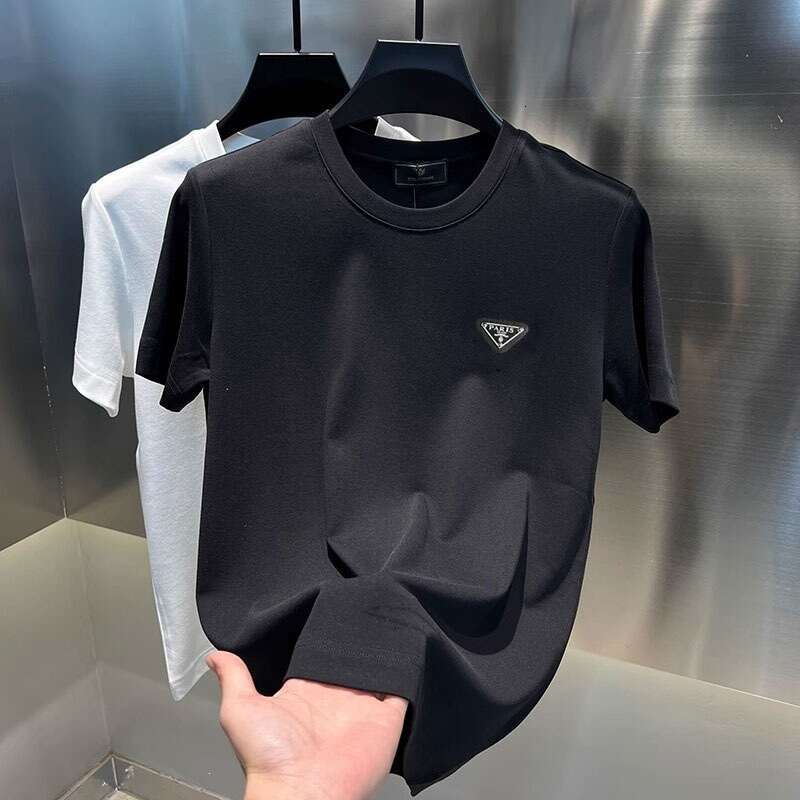 Luxury Brand Designer Clothes Light Luxury Pure Cotton Short-Sleeve T-Shirt With Triangular Metal Leather Badge On The Chest, European Style, 2026 Sum - view 3
