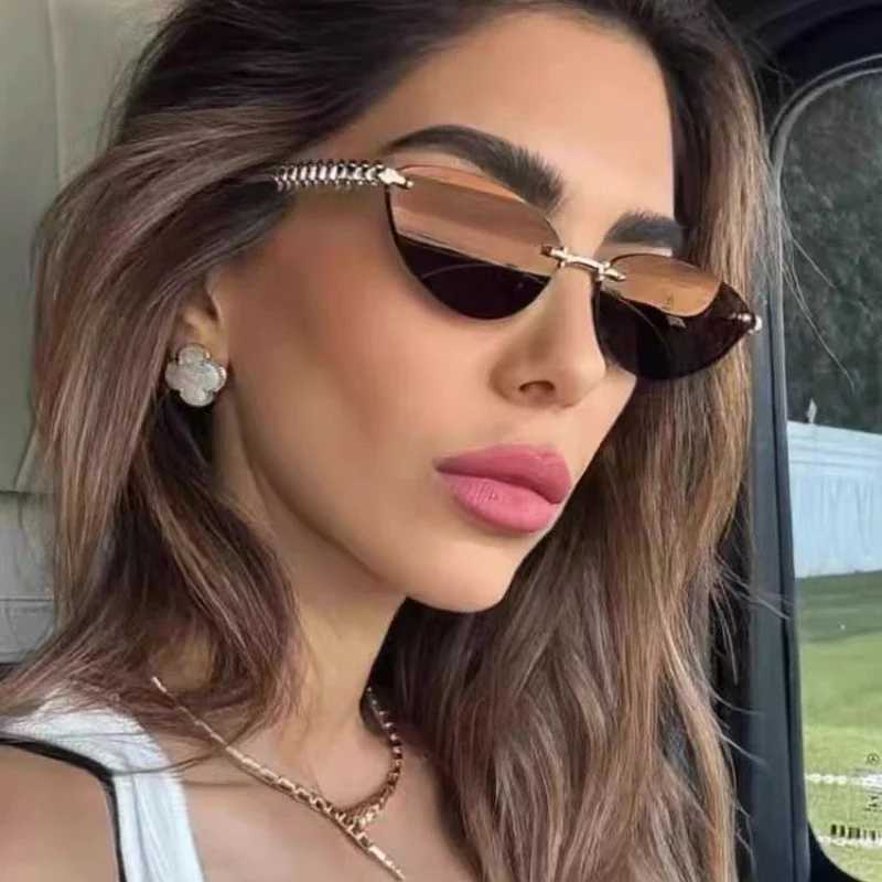 Cat Eye Rivet Rimless Sunglasses Women Luxury Fashion Brand Oval Narrow Sun Glasses Shades Trendy Elegant Unique Eyewear C260609 - view 4