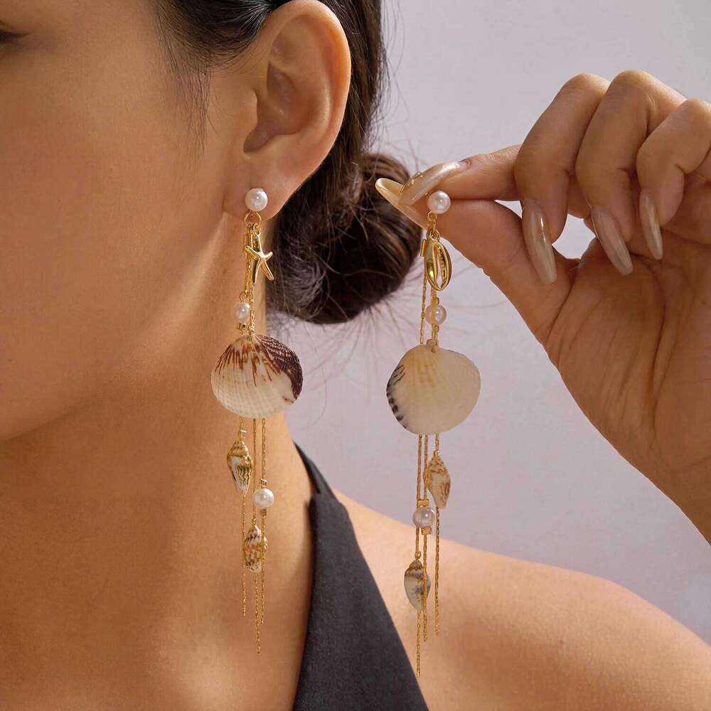 Boho Seashell Starfish Conch Imitation Pearl Dangle Earrings for Women Long Gold Color Tassel Mermaid Ocean Beach Summer Jewelry - view 6