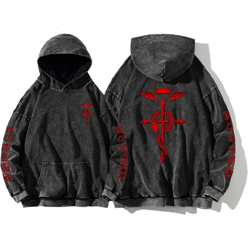 Anime Fullmetal Alchemist Print Hooded Men Women Vintage Manga Hoodies Washed Cotton Pullover Harajuku Loose Sweatshirt 260605 - view 3