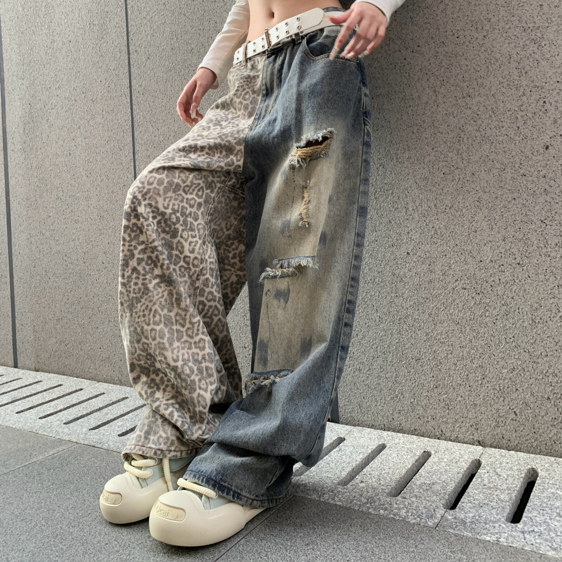 Washed Vintage Leopard Print Mens Jeans Designers Unisex Street Loose Slimming Wide Leg Pants Pantalones De Hombre Jean Baggy