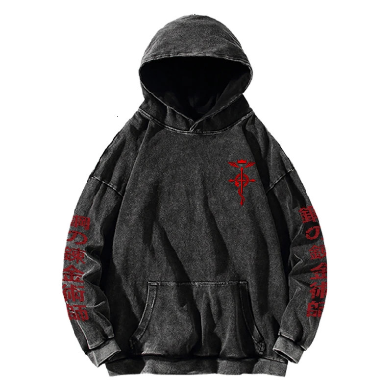 Anime Fullmetal Alchemist Print Hooded Men Women Vintage Manga Hoodies Washed Cotton Pullover Harajuku Loose Sweatshirt 260605 - view 4