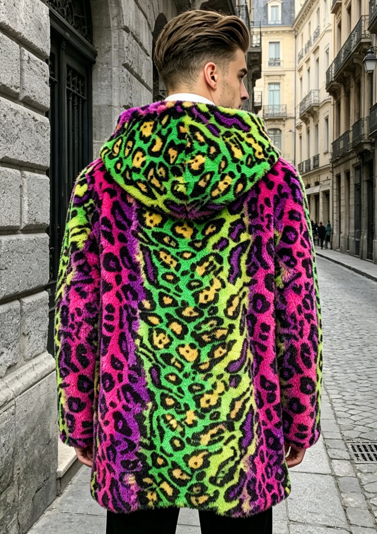 Stage Wear Men's Mid-Length Hooded Faux Fox Fur Coat with New Lynx Print - view 7