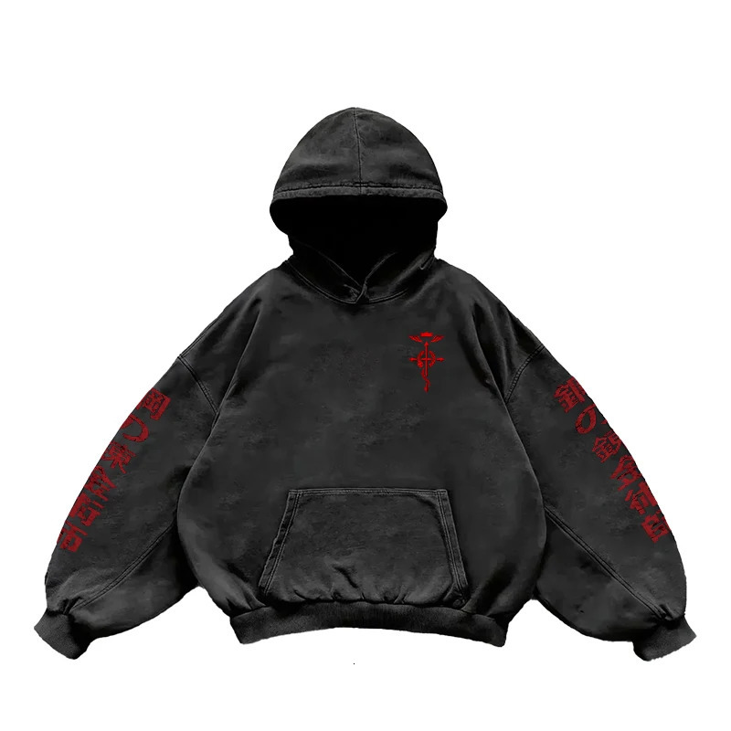 Anime Fullmetal Alchemist Print Hooded Men Women Vintage Manga Hoodies Washed Cotton Pullover Harajuku Loose Sweatshirt 260605 - view 5