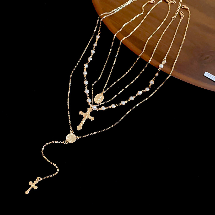 Popular European American cross Y-shaped pendant layered pearl necklace, fashionable and unique vintage collarbone chain, stylish choker - view 7