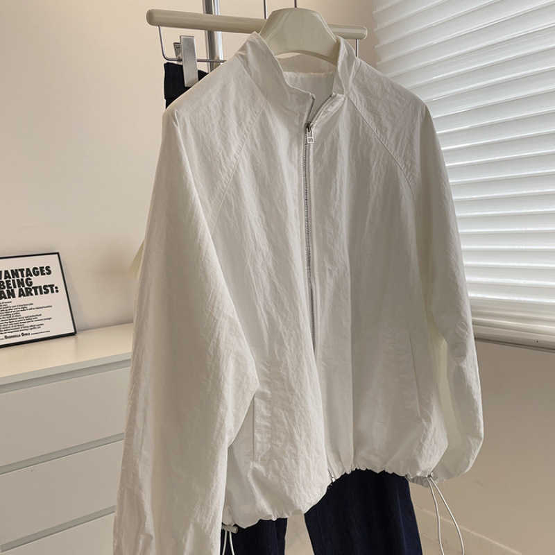 Korean-style stand-up collar short jacket for petite women, spring versatile slimming casual lightweight down jacket with zipper, sun protection jacke