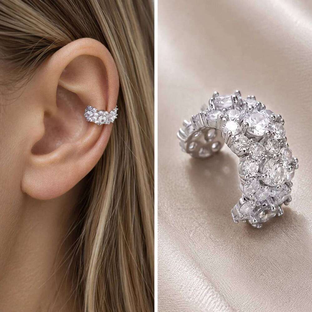 Luxury Silver Tone Copper Flower Ear Cuff for Women Full Cubic Zirconia Pave Clip Earring Elegant Party Wedding Gift Accessories