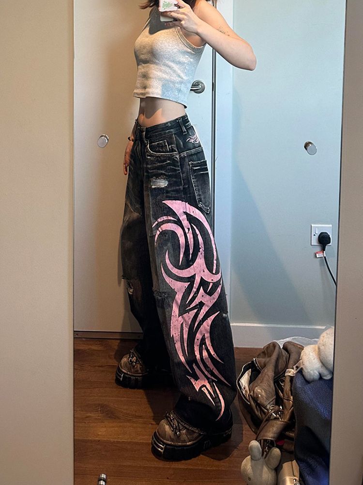 Y2K High Street Jeans Mens Retro Washed Oversized Printed Harajuku Pants Couple American Street Leisure Overalls Unisex 250208
