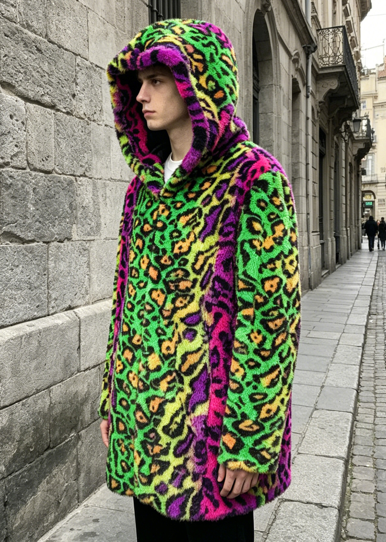 Stage Wear Men's Mid-Length Hooded Faux Fox Fur Coat with New Lynx Print - view 3