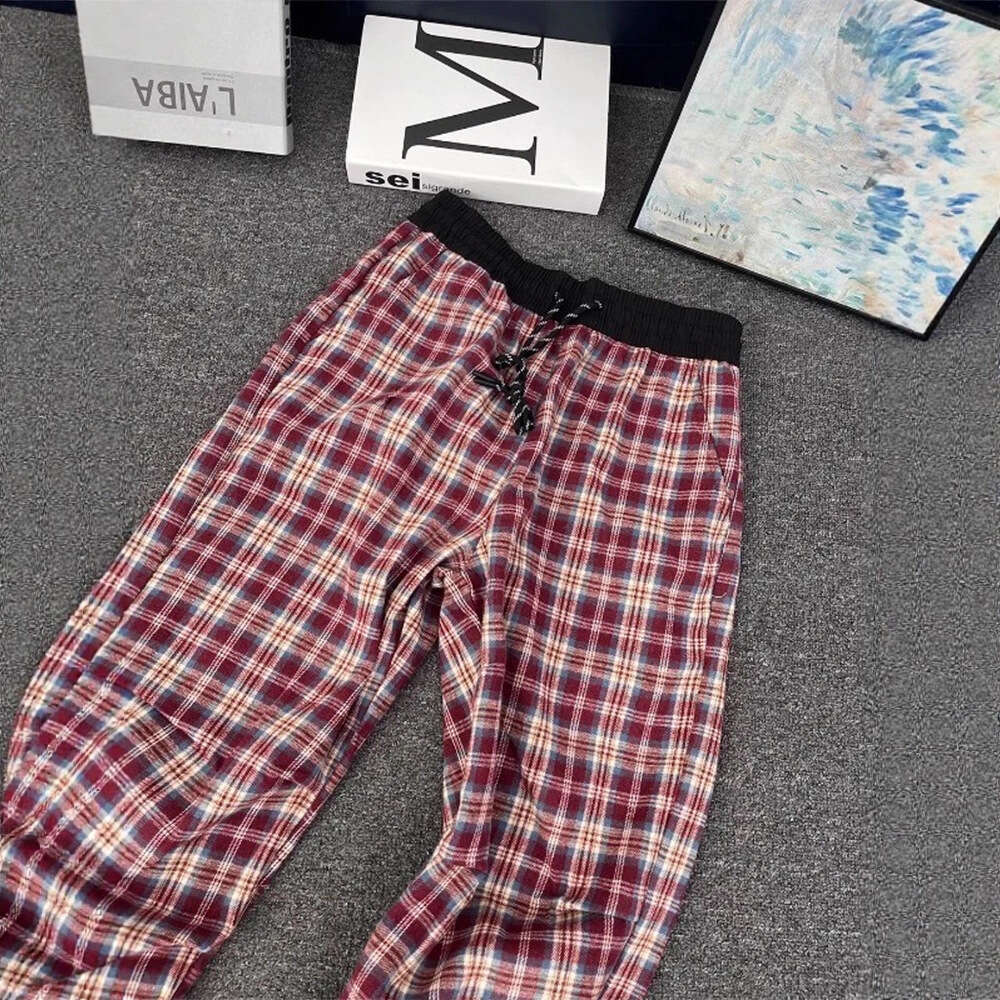 Luxury Brand Designer Clothes American Retro Red For Men, Autumn Style, Pleated, Contrasting Color Plaid Trousers, Straight-Leg, Slightly Flared Long  - view 4
