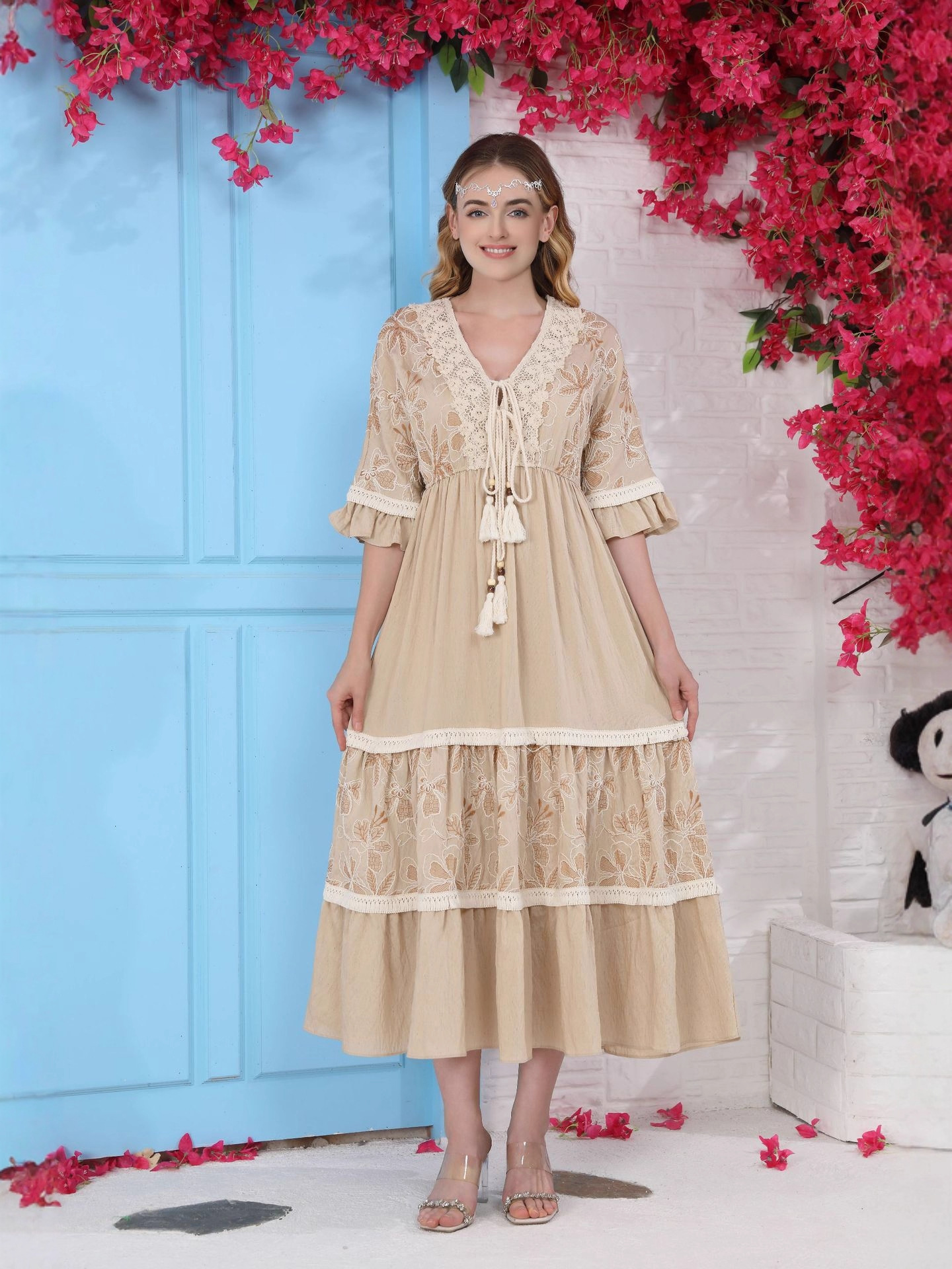 Women Fall Casual Long Dress Floral Print Lace V-Neck Long Sleeve Dress Fashion Holiday Maxi Dress Elegant Classics Versatility 250326
