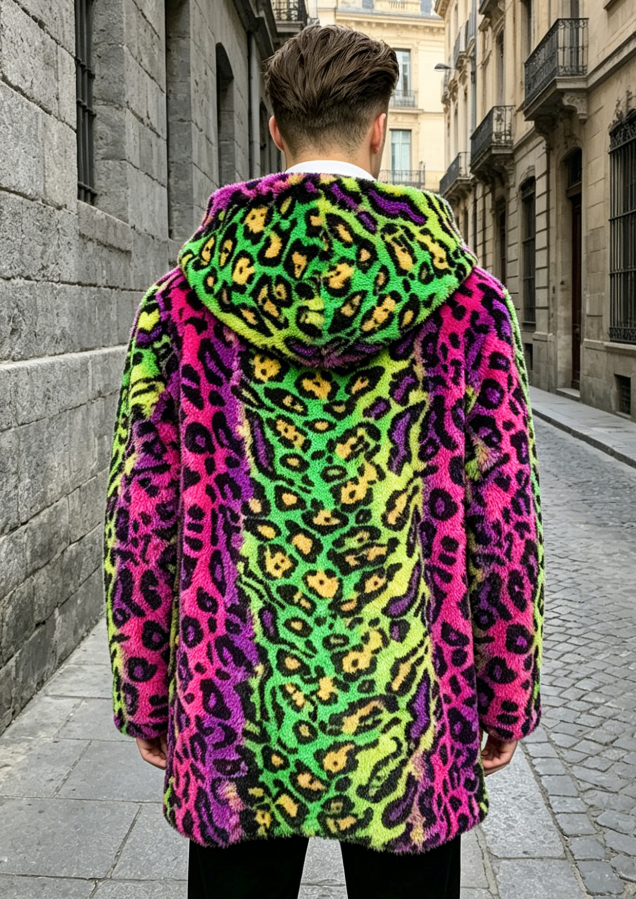 Stage Wear Men's Mid-Length Hooded Faux Fox Fur Coat with New Lynx Print - view 8