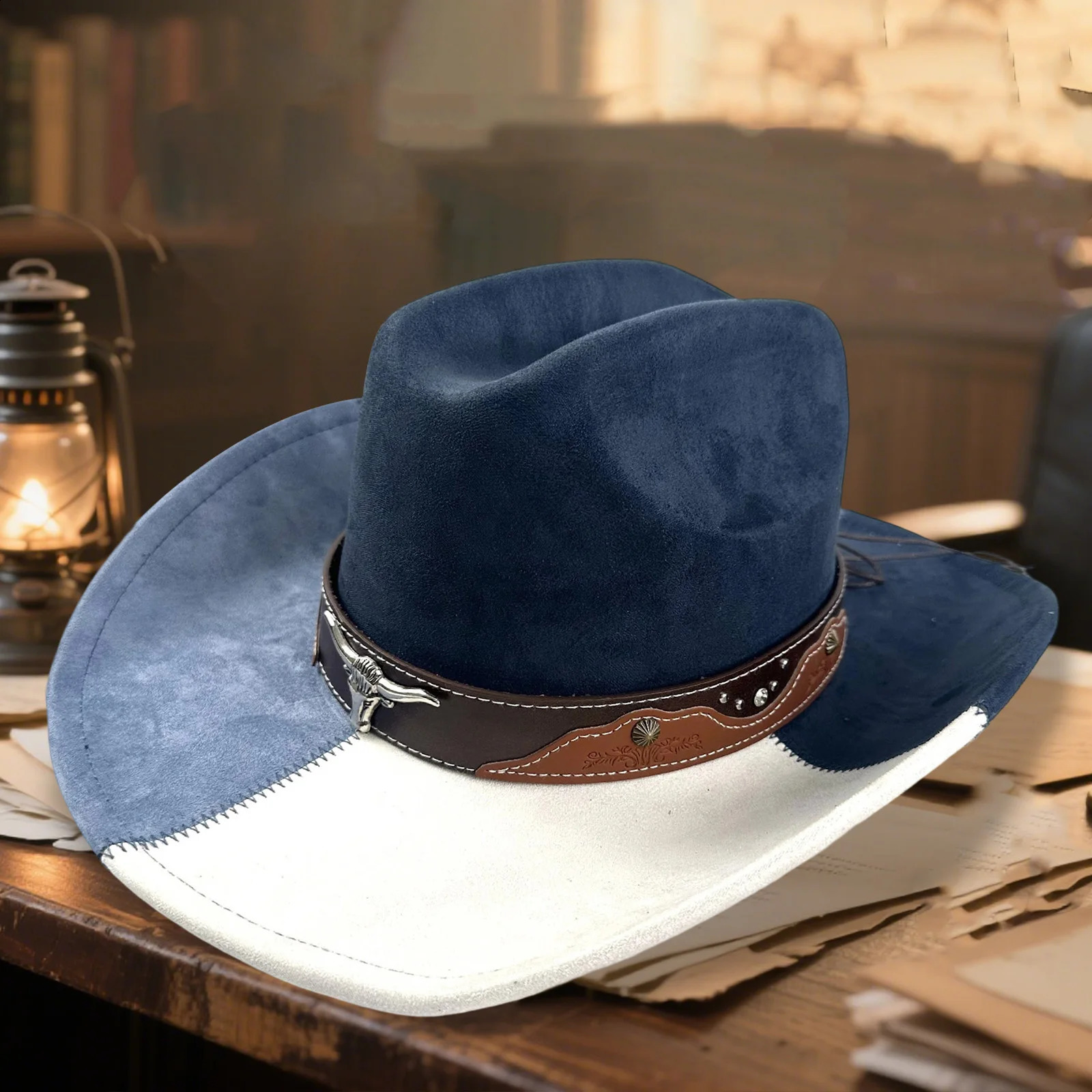 Contrast Western Hat for Women Men Suede Cowgirl Cap Casual Wide Brim Sun Hat for Outdoor Party 260610 - view 5
