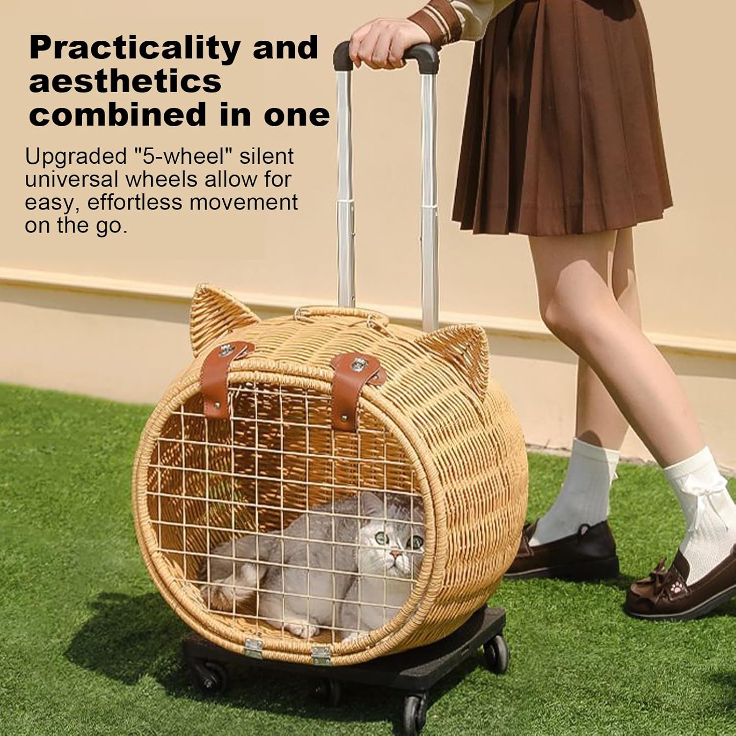 LBY Rattan Cat Carrier with Wheels, Cute Cat Ear Rolling Pet Trolley, Breathable Wicker Cat Travel Bag with Telescopic Handle for Outdoor Walking