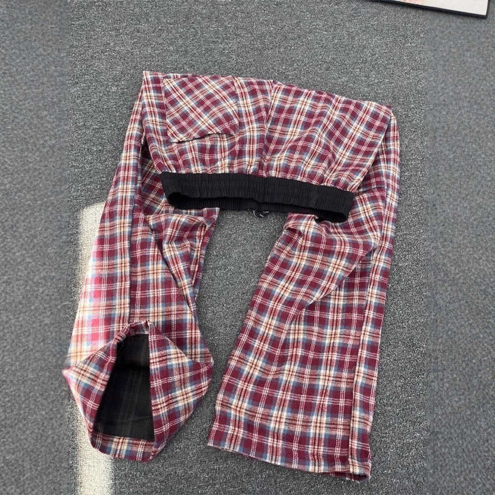 Luxury Brand Designer Clothes American Retro Red For Men, Autumn Style, Pleated, Contrasting Color Plaid Trousers, Straight-Leg, Slightly Flared Long  - view 5