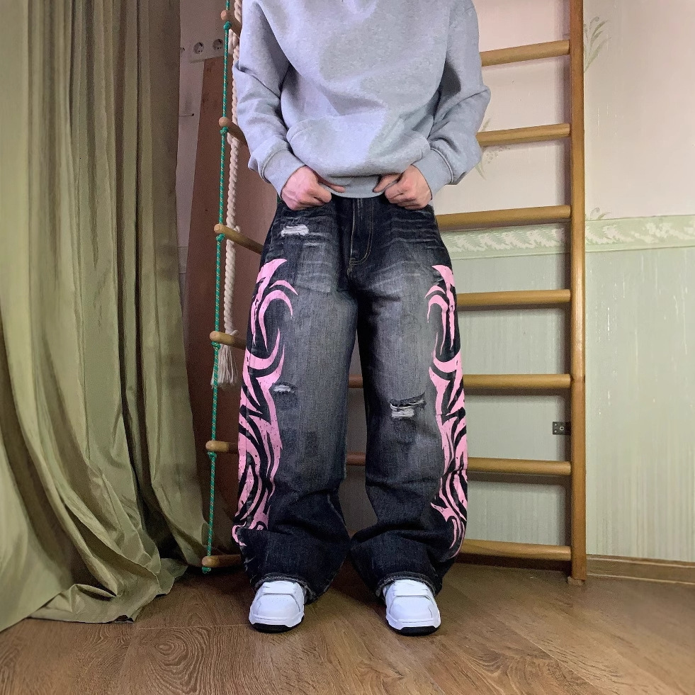 Y2K High Street Jeans Mens Retro Washed Oversized Printed Harajuku Pants Couple American Street Leisure Overalls Unisex 250208