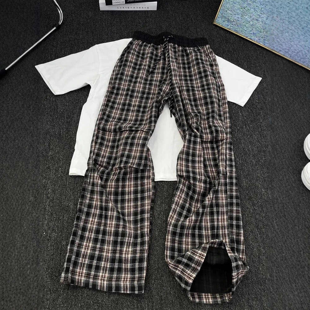 Luxury Brand Designer Clothes American Retro Red For Men, Autumn Style, Pleated, Contrasting Color Plaid Trousers, Straight-Leg, Slightly Flared Long 