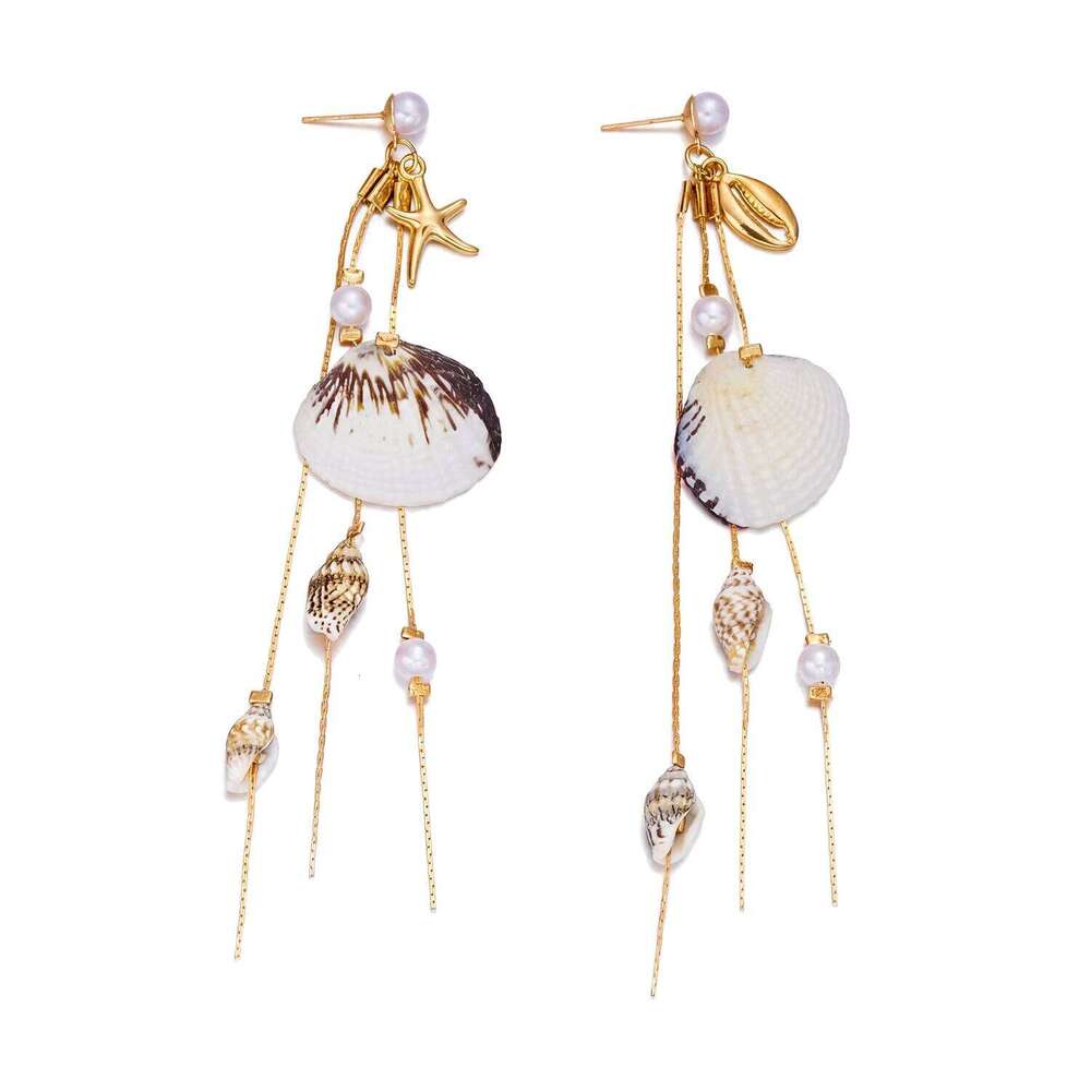Boho Seashell Starfish Conch Imitation Pearl Dangle Earrings for Women Long Gold Color Tassel Mermaid Ocean Beach Summer Jewelry - view 7