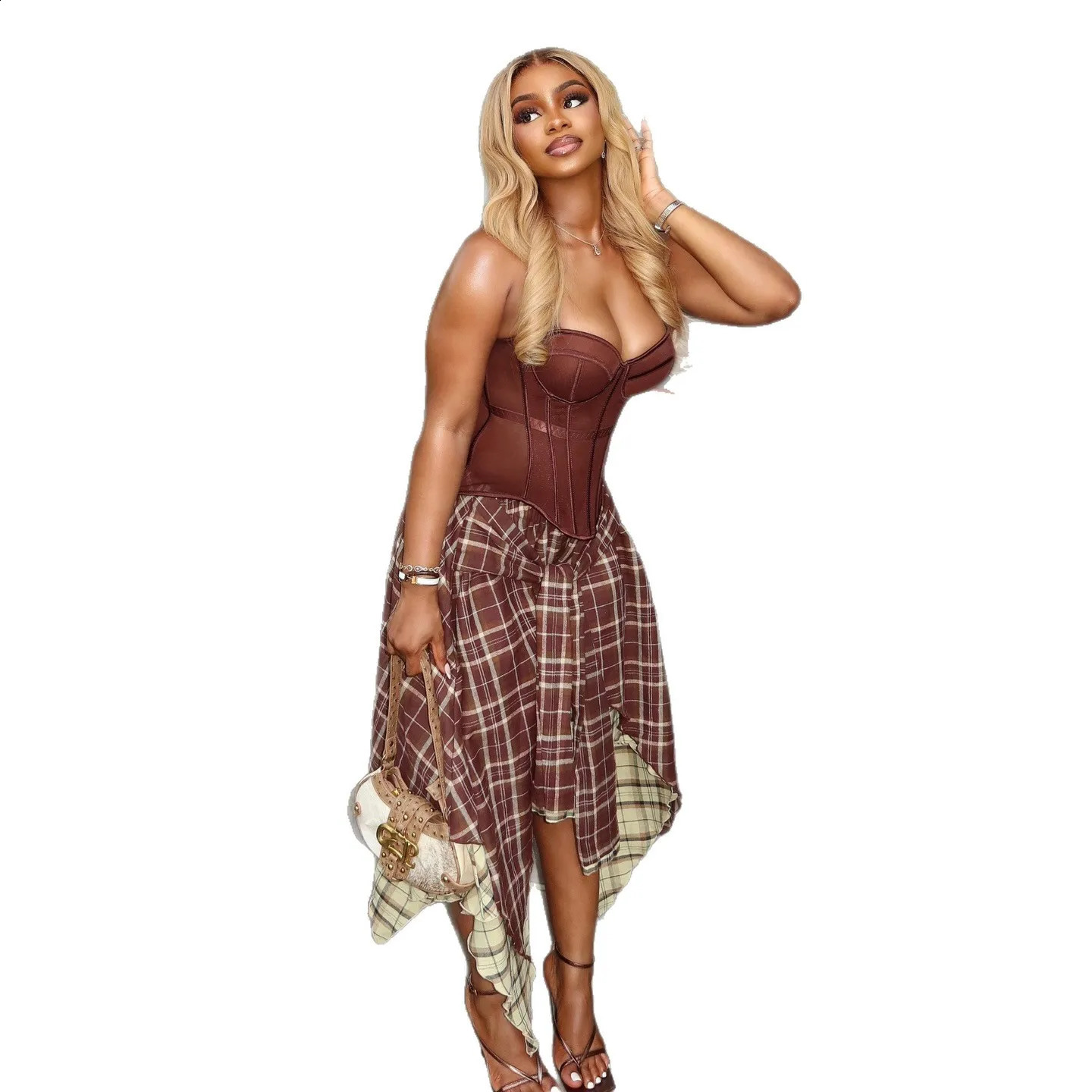 Womens Retro Plaid Slimming TwoPiece Set High Waist Irregular Half Skirt Summer Style Suit 260625 - view 6