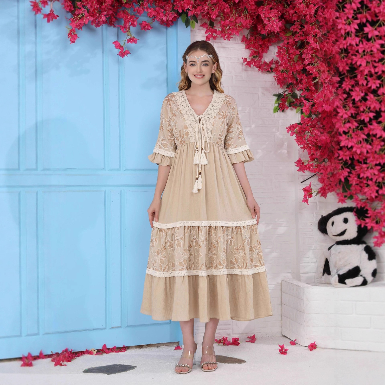 Women Fall Casual Long Dress Floral Print Lace V-Neck Long Sleeve Dress Fashion Holiday Maxi Dress Elegant Classics Versatility 250326