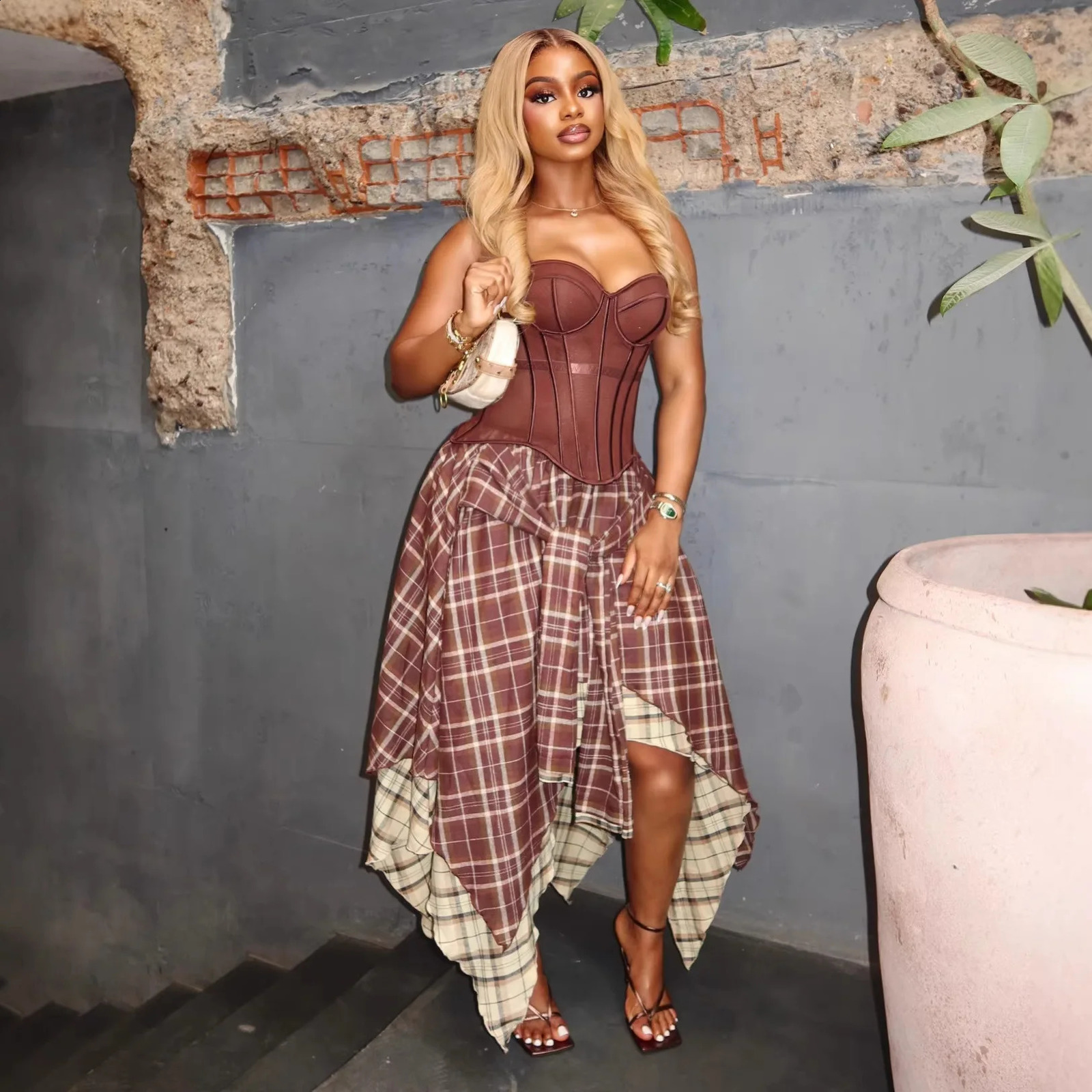 Womens Retro Plaid Slimming TwoPiece Set High Waist Irregular Half Skirt Summer Style Suit 260625 - view 4