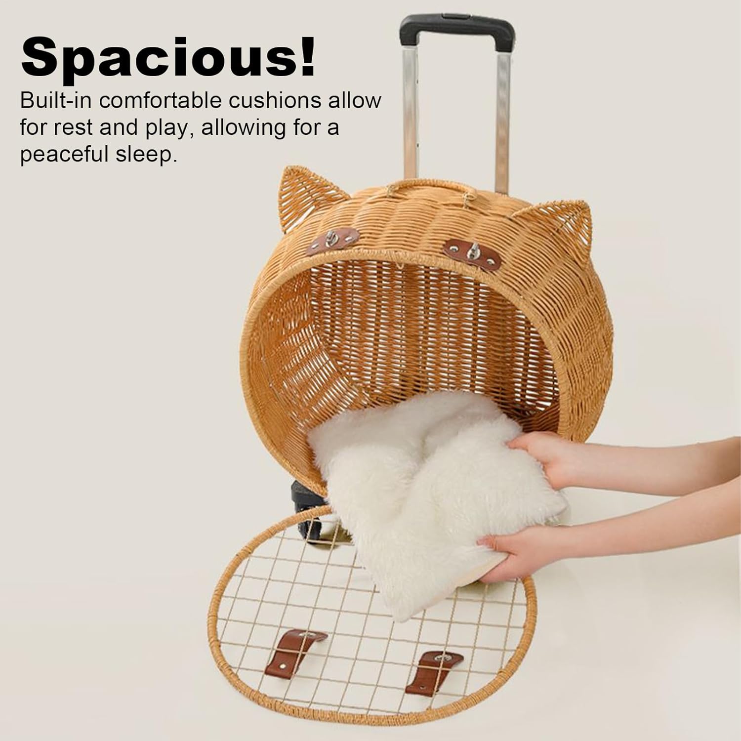 LBY Rattan Cat Carrier with Wheels, Cute Cat Ear Rolling Pet Trolley, Breathable Wicker Cat Travel Bag with Telescopic Handle for Outdoor Walking